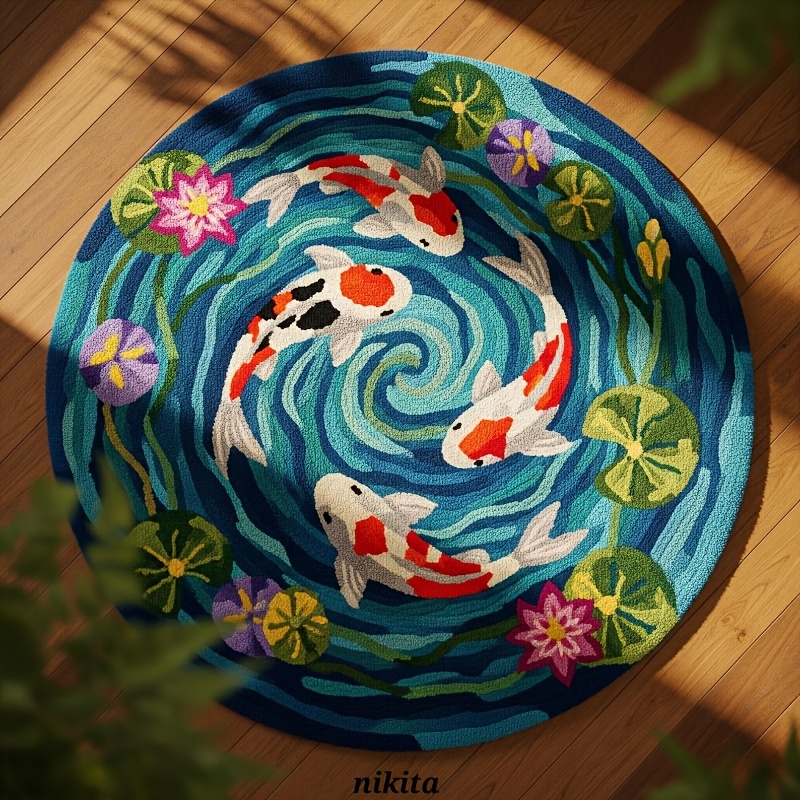 Home Decor Under 100 - Koi Fish Pattern Round Area Rug,